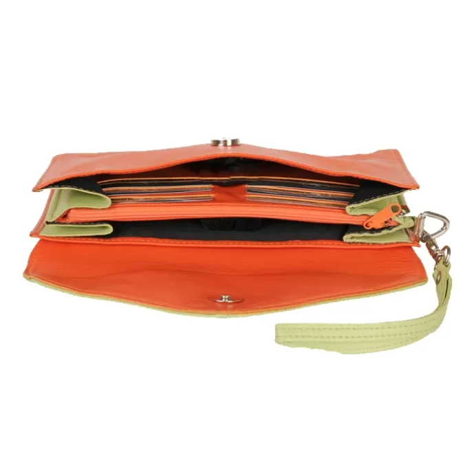 Store Pochette cuir orange et vert bicolore - Femme Pochette Cuir